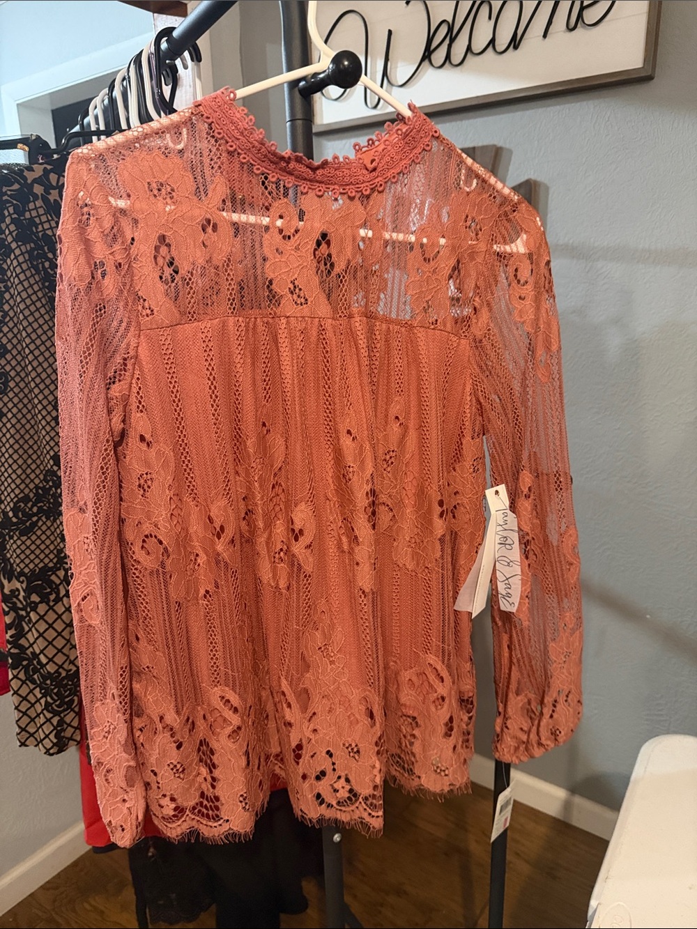 Taylor & Sage Lace Long-Sleeve Blouse in Rust Coral